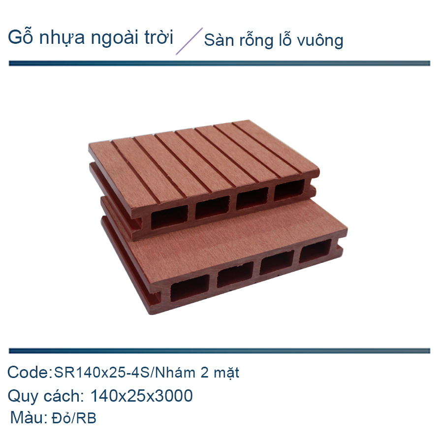 Sàn rỗng lỗ vuông SR140x25-4S màu đỏ/Nhám 2 mặt